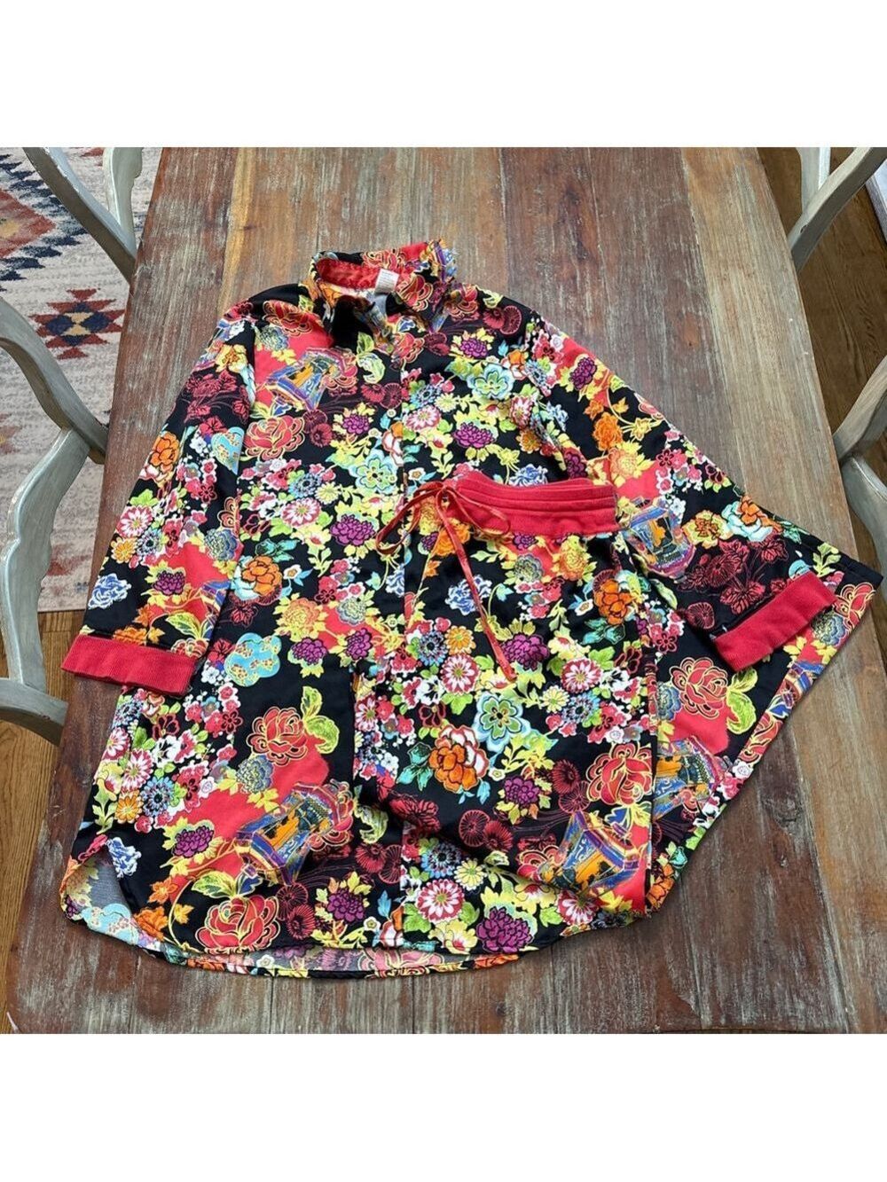 Natori Cruz Floral Tunic and Pants Pajama Set Black Red Small